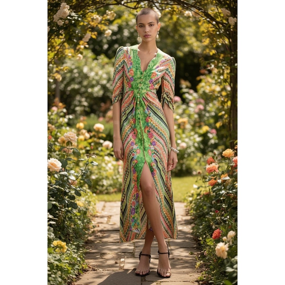 SALONI Mitsu-B Silk Floral Print Maxi Dress V Neck Ruched Front Sz 2